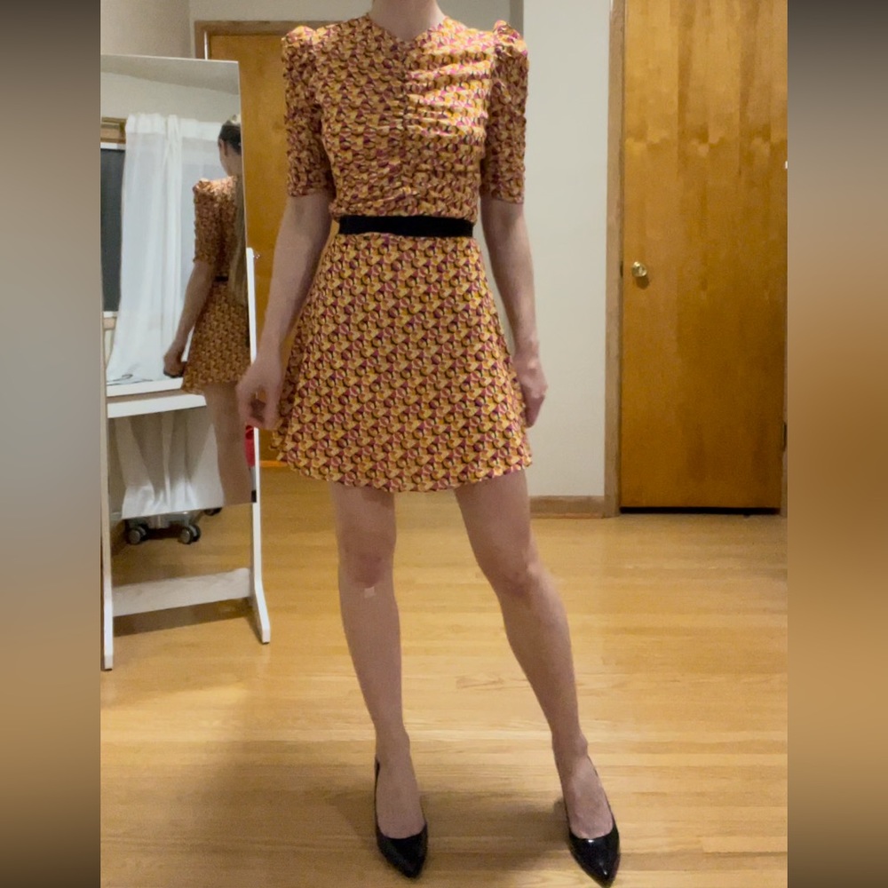 Geometric Silk Dress with Puff Sleeves